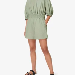 Sweaty Betty Loren Gathered-detail Lyocell And Cotton-blend Playsuit -Default Template 2 R04000063 EAUDENILGREEN ALT01