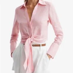 Reiss Dahlia Point-collar Tie-waist Linen Shirt 8 Reiss Dahlia Point-collar Tie-waist Linen Shirt -Default Template 2 R04082353 PINK ALT02