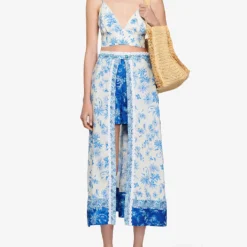Sandro Albertville Floral-print Linen-blend Midi Skirt -Default Template 2 R04111314 BLEUS ALT01