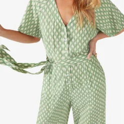 Diamond-print Belted Woven Jumpsuit -Default Template 2 R04166377 GREEN ALT02