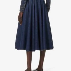 Flared-hem Contrast-stitching Stretch-denim Midi Skirt -Default Template 2 R04179395 BLEUDENIM ALT03