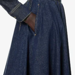 Flared-hem Contrast-stitching Stretch-denim Midi Skirt -Default Template 2 R04179395 BLEUDENIM ALT04