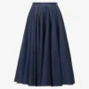 Flared-hem Contrast-stitching Stretch-denim Midi Skirt