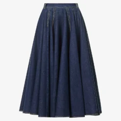 Flared-hem Contrast-stitching Stretch-denim Midi Skirt