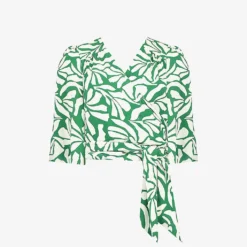 Graphic-print Wide-sleeve Woven Wrap Top