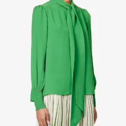 ME AND EM Shirred-trim Self-tie Silk Blouse -Default Template 2 R04194877 RAINFORESTGREEN ALT02