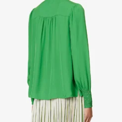 ME AND EM Shirred-trim Self-tie Silk Blouse -Default Template 2 R04194877 RAINFORESTGREEN ALT03
