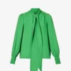 ME AND EM Shirred-trim Self-tie Silk Blouse 2 ME AND EM Shirred-trim Self-tie Silk Blouse -Default Template 2 R04194877 RAINFORESTGREEN M